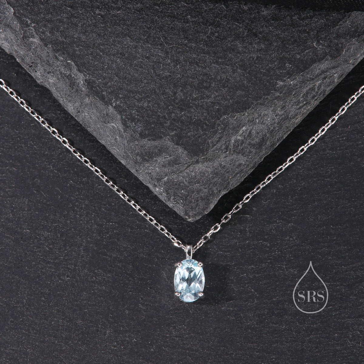 Tiny Genuine Swiss Blue Topaz Crystal Oval Pendant Necklace in Sterling Silver, 5x7mm Tiny Oval Blue Topaz Necklace, March Birthstone