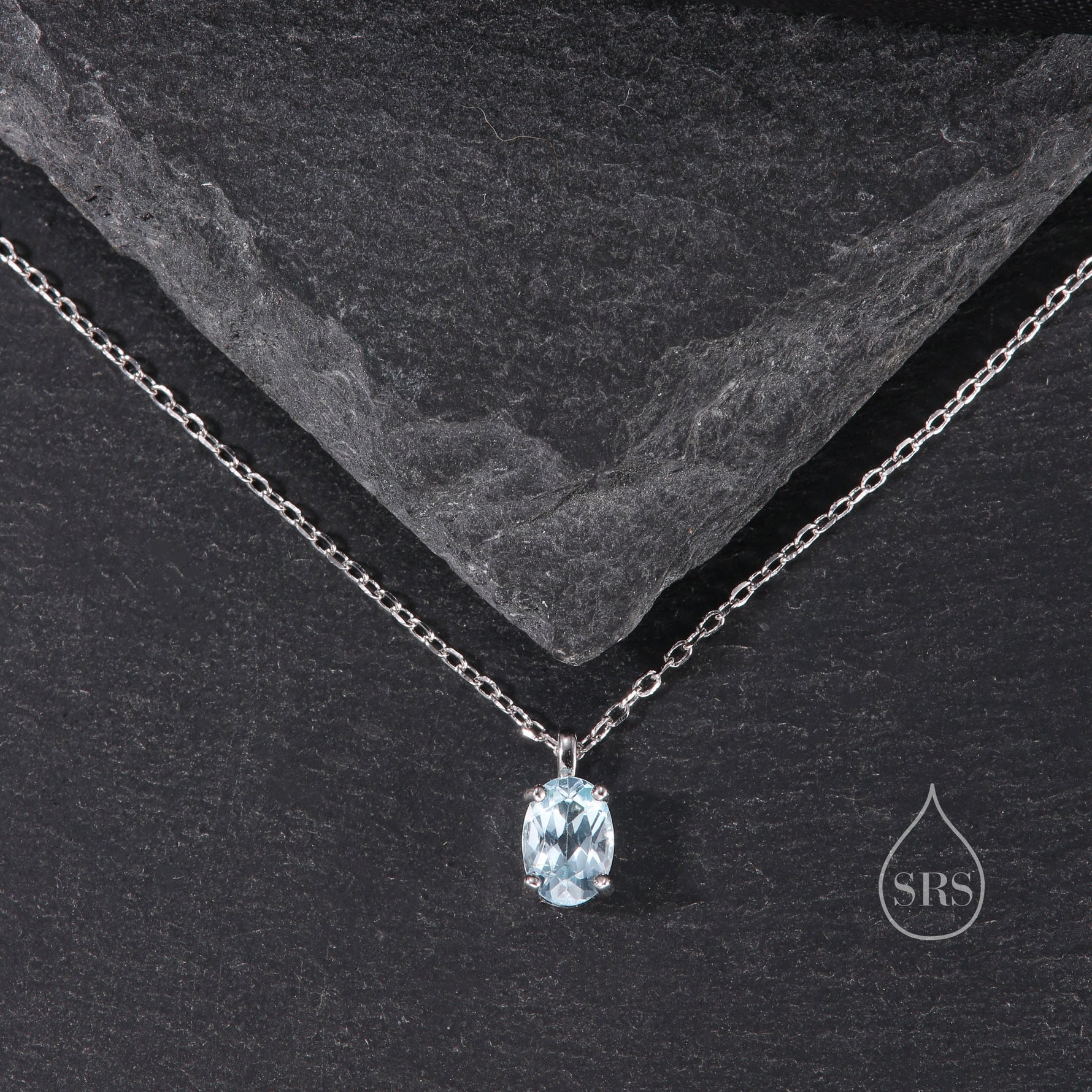 Tiny Genuine Swiss Blue Topaz Crystal Oval Pendant Necklace in Sterling Silver, 5x7mm Tiny Oval Blue Topaz Necklace, March Birthstone