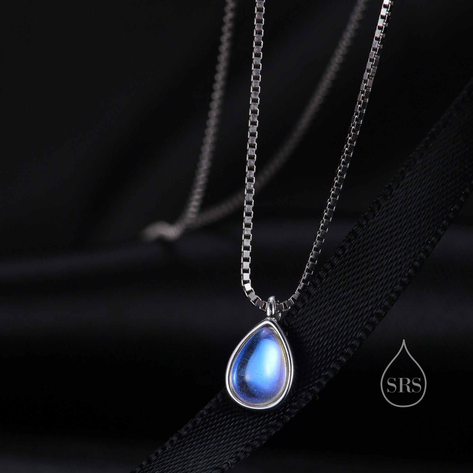 Aurora Moonstone Pendant Necklace in Sterling Silver, Three Chain Types Available, Droplet Pear Cut Simulated Moonstone Necklace