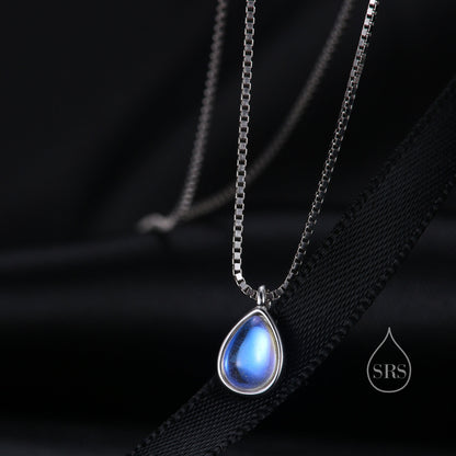 Aurora Moonstone Pendant Necklace in Sterling Silver, Three Chain Types Available, Droplet Pear Cut Simulated Moonstone Necklace