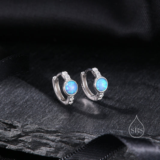 Blue Opal CZ Huggie Hoop Earrings in Sterling Silver, Silver or Gold, Tiny Opal Hoops, Opal Hoops, Single Opal Hoops