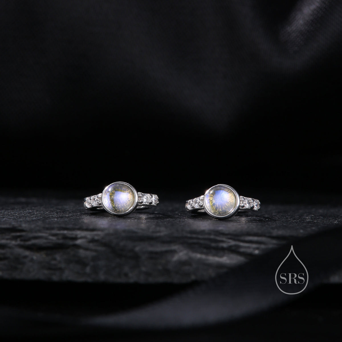 Moonstone CZ Huggie Hoop Earrings in Sterling Silver