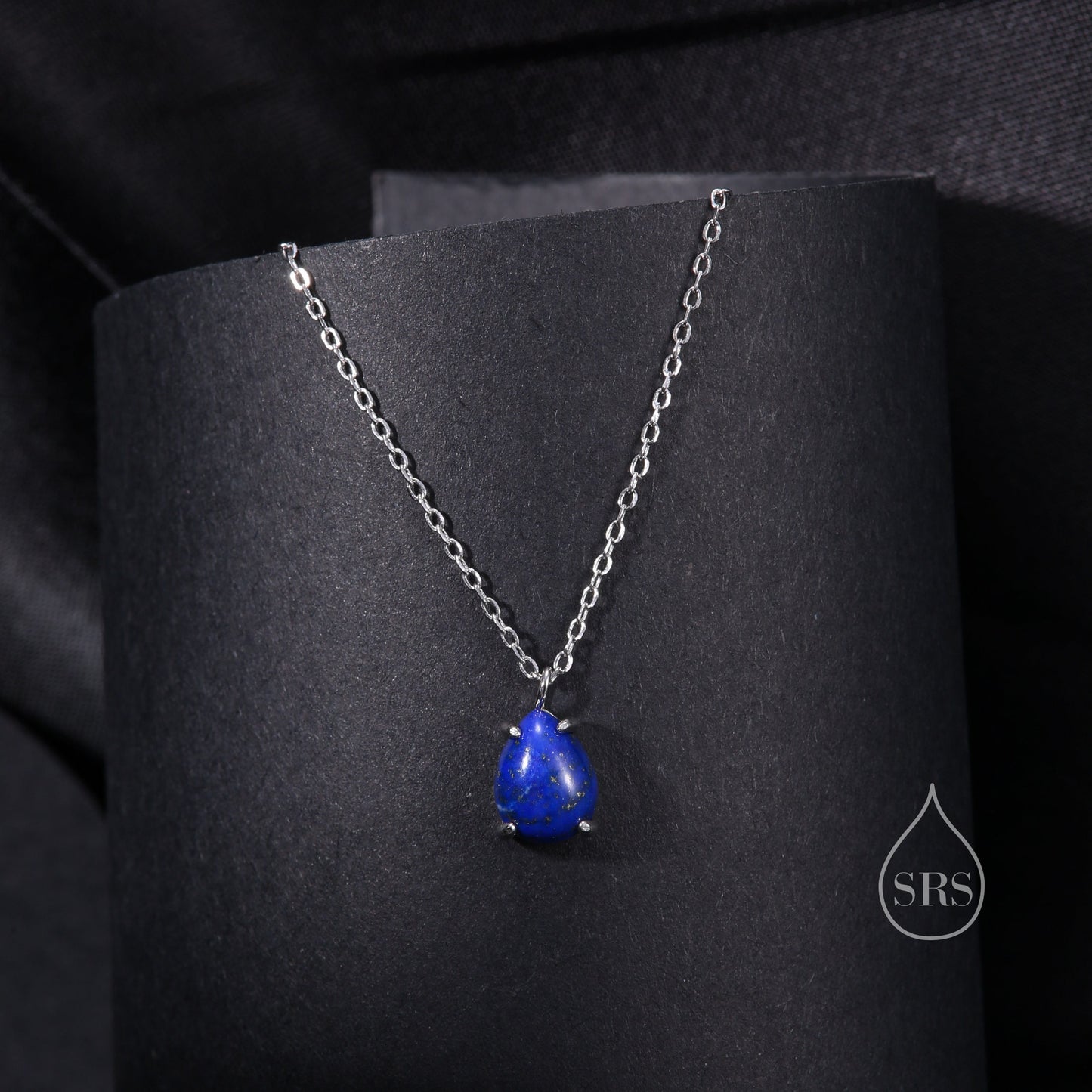 Genuine Lapis Lazuli Pear Necklace in Sterling Silver, Droplet Cabochon Natural Blue Lapis Pendant Necklace