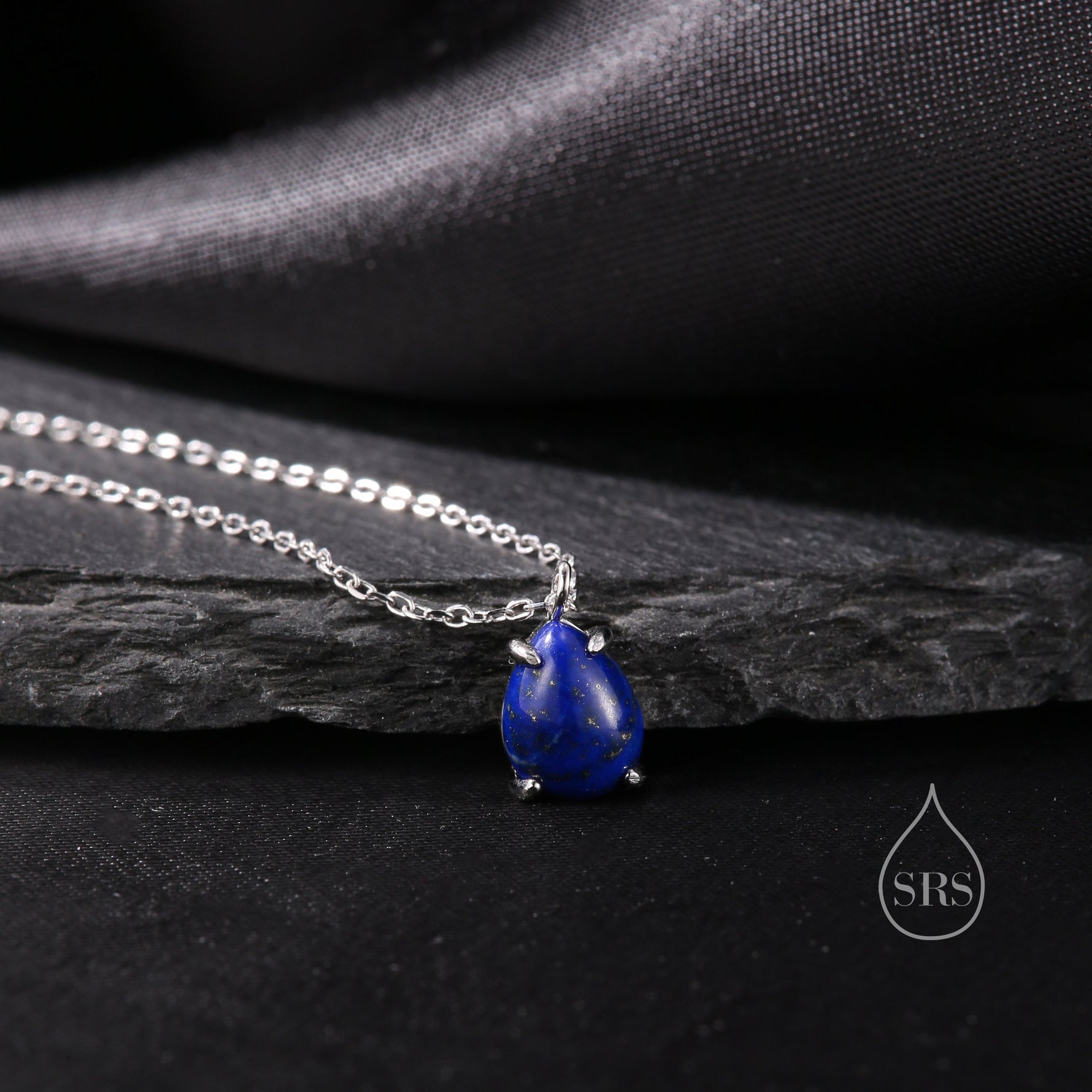 Genuine Lapis Lazuli Pear Necklace in Sterling Silver, Droplet Cabochon Natural Blue Lapis Pendant Necklace