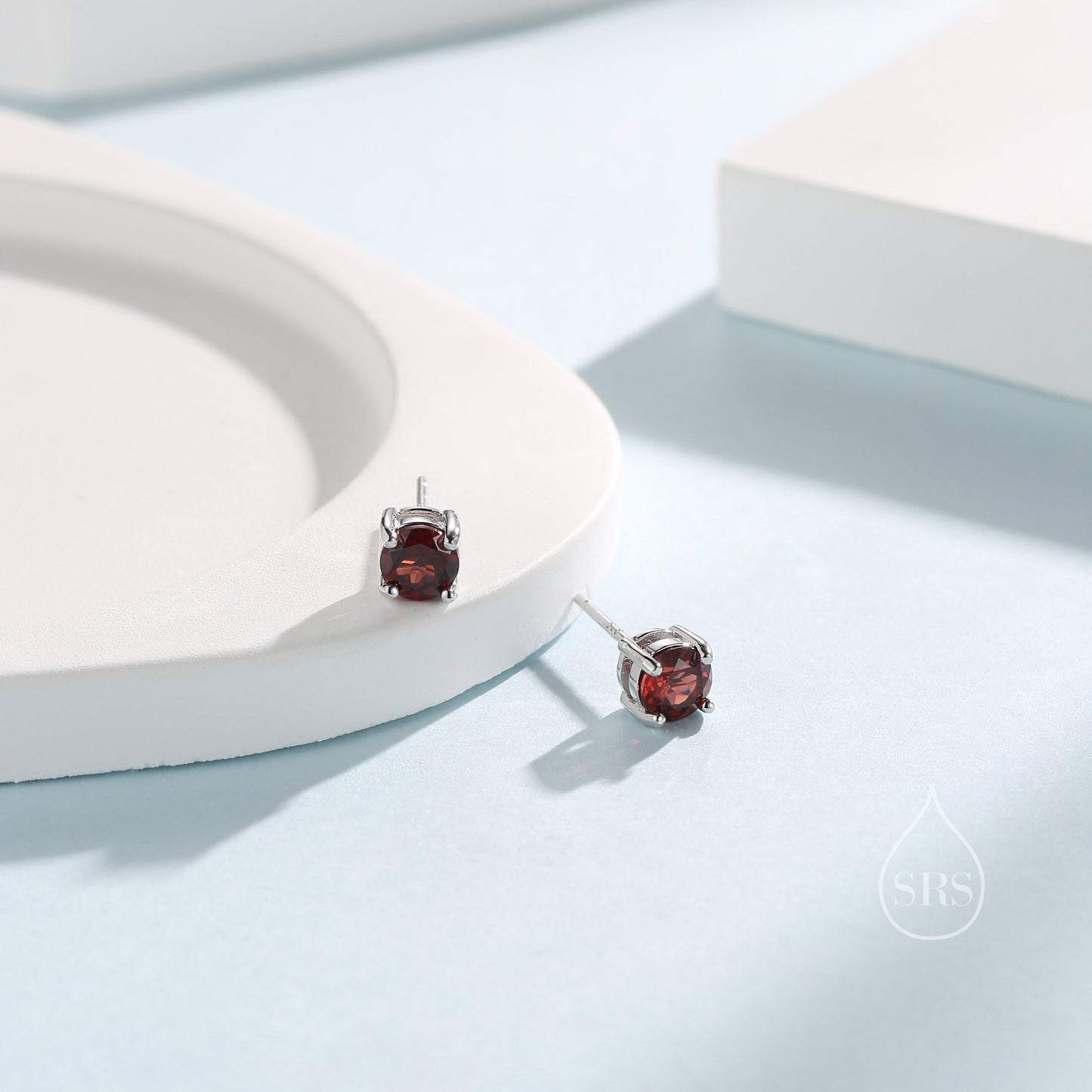 Sterling Silver Natural Garnet Stud Earrings, 4mm Prong Set, Genuine Garnet Gemstone Stud, Minimalist Style, January Birthstone