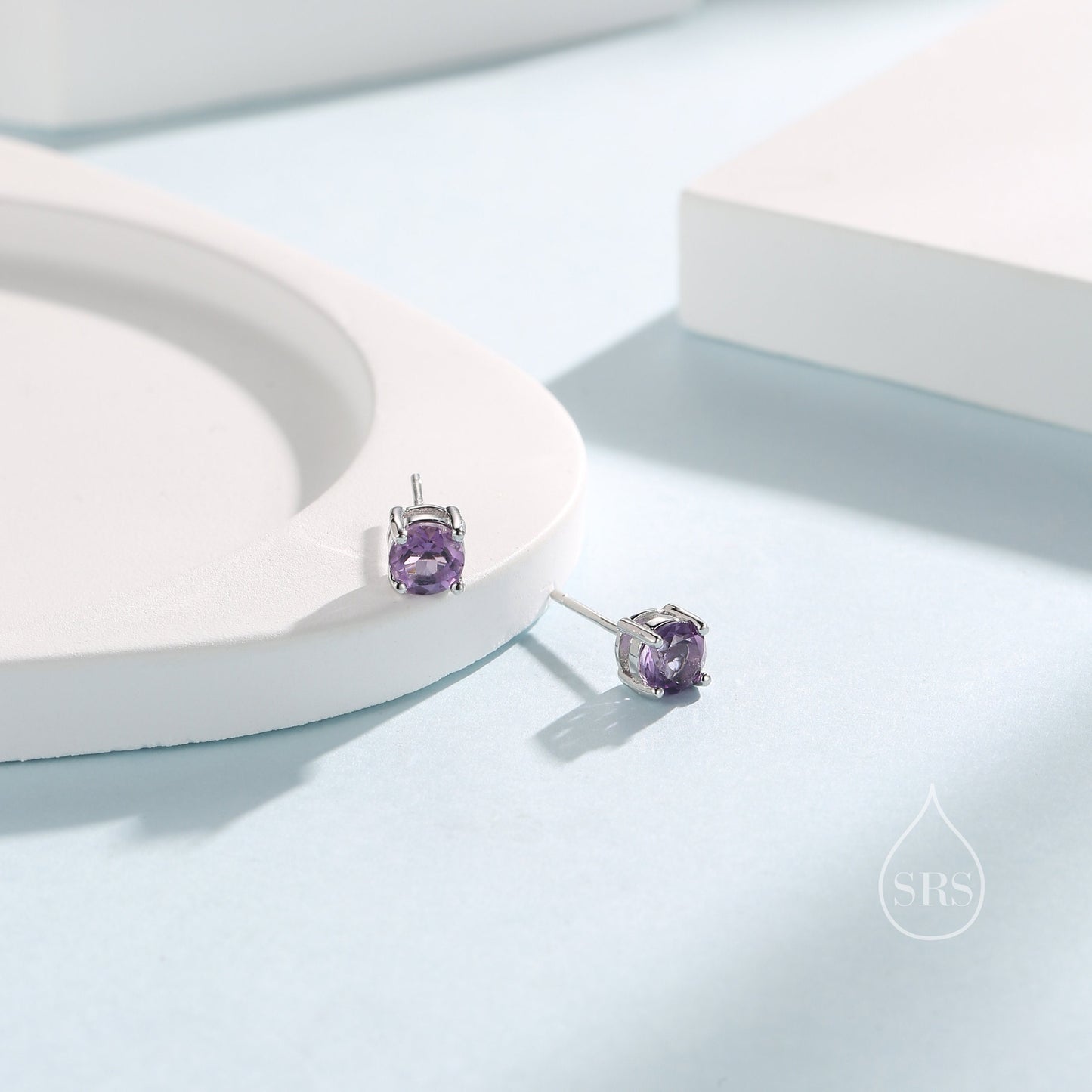 Sterling Silver Natural Amethyst Stud Earrings, 4mm or 5mm Prong Set, Genuine Amethyst Gemstone Stud, Minimalist Style, February Birthstone