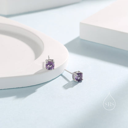 Sterling Silver Natural Amethyst Stud Earrings, 4mm or 5mm Prong Set, Genuine Amethyst Gemstone Stud, Minimalist Style, February Birthstone