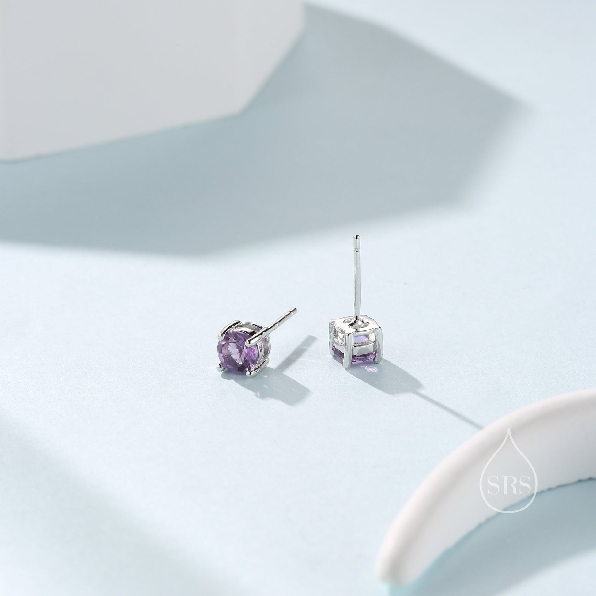 Sterling Silver Natural Amethyst Stud Earrings, 4mm or 5mm Prong Set, Genuine Amethyst Gemstone Stud, Minimalist Style, February Birthstone
