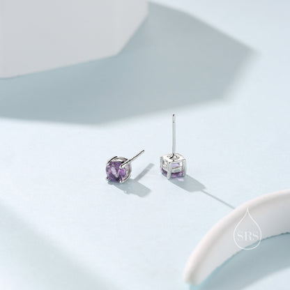 Sterling Silver Natural Amethyst Stud Earrings, 4mm or 5mm Prong Set, Genuine Amethyst Gemstone Stud, Minimalist Style, February Birthstone