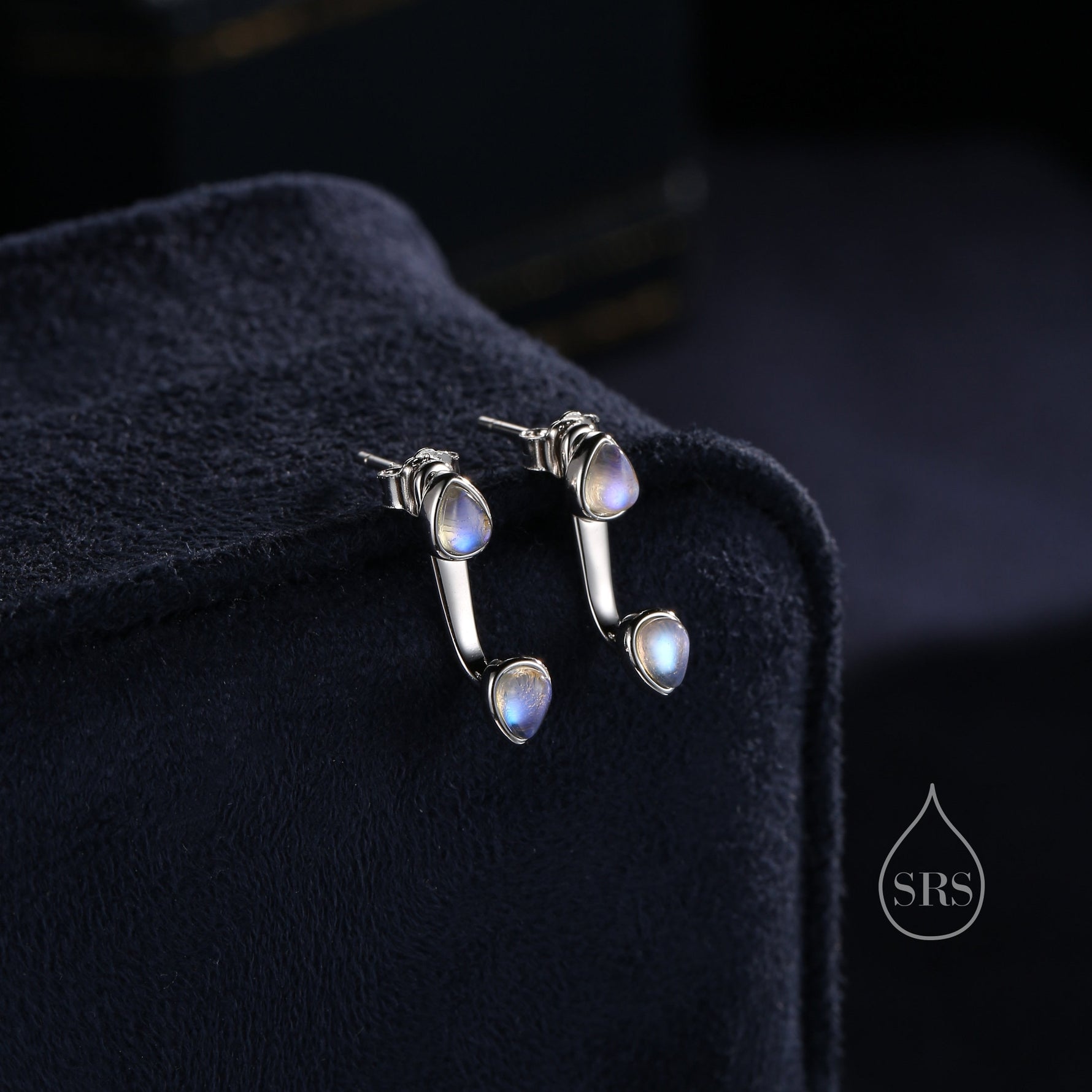 Moonstone Droplet Ear Jacket in Sterling Silver, Silver or Gold, Lab Moonstone Pear Bezel Earrings, Front and Back Earrings