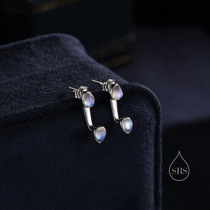 Moonstone Droplet Ear Jacket in Sterling Silver,  Silver or Gold, Lab Moonstone Pear Bezel Earrings, Front and Back Earrings