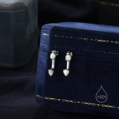 White Opal Droplet Ear Jacket in Sterling Silver,  Silver or Gold, White Opal Pear Bezel Earrings, Front and Back Earrings