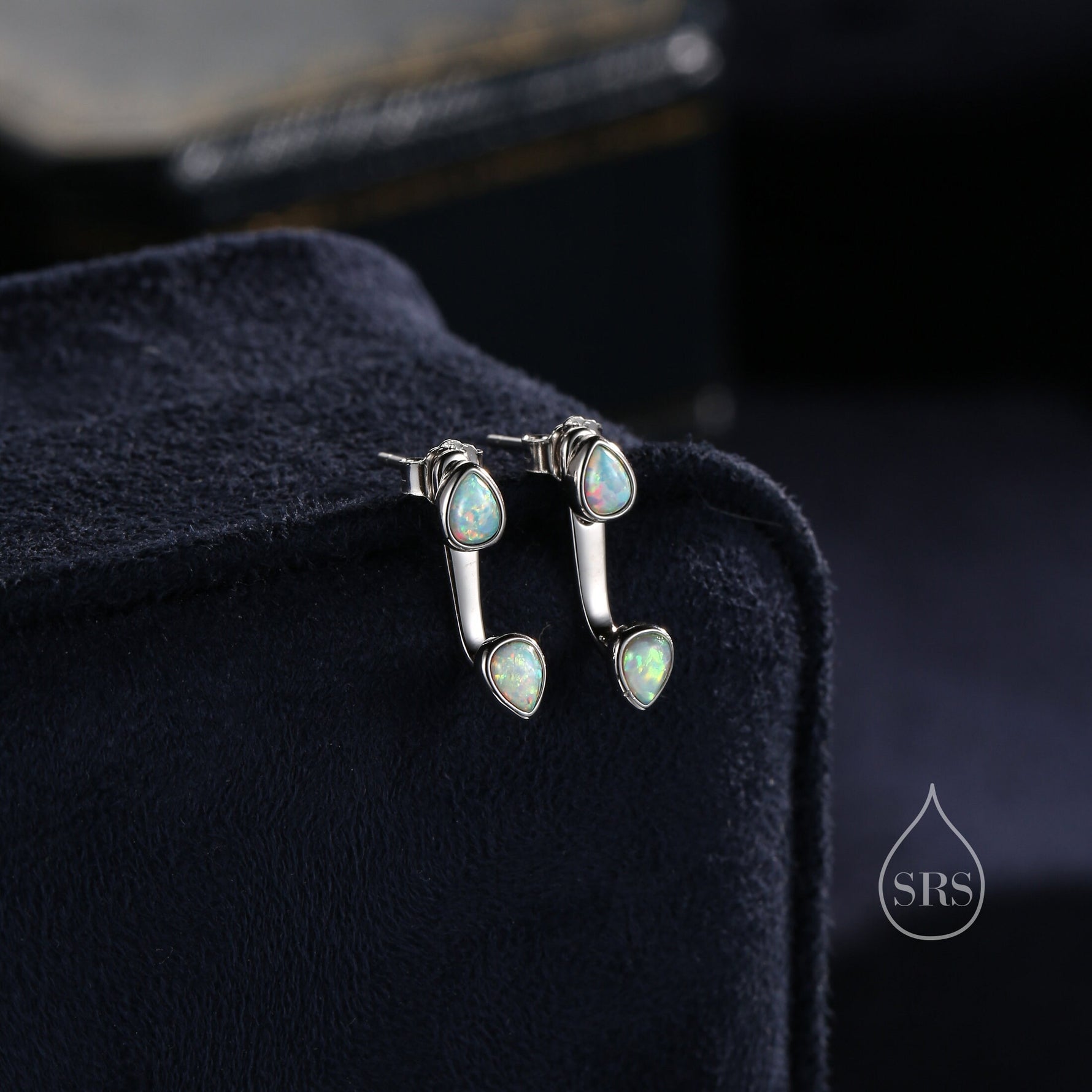 White Opal Droplet Ear Jacket in Sterling Silver, Silver or Gold, White Opal Pear Bezel Earrings, Front and Back Earrings