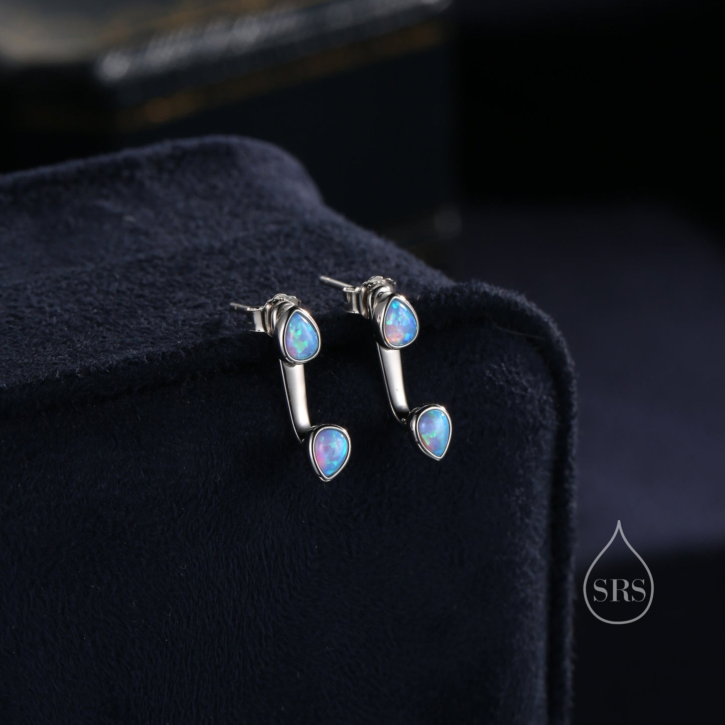 Blue Opal Droplet Ear Jacket in Sterling Silver,  Silver or Gold, White Opal Pear Bezel Earrings, Front and Back Earrings