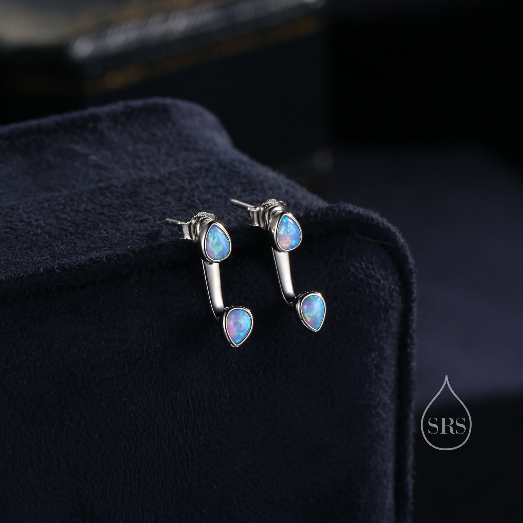 Blue Opal Droplet Ear Jacket in Sterling Silver, Silver or Gold, White Opal Pear Bezel Earrings, Front and Back Earrings
