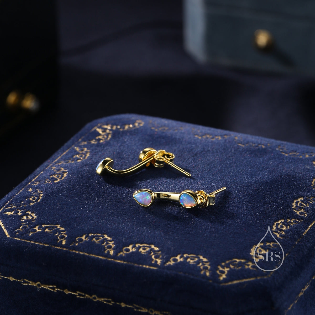 Blue Opal Droplet Ear Jacket in Sterling Silver, Silver or Gold, White Opal Pear Bezel Earrings, Front and Back Earrings