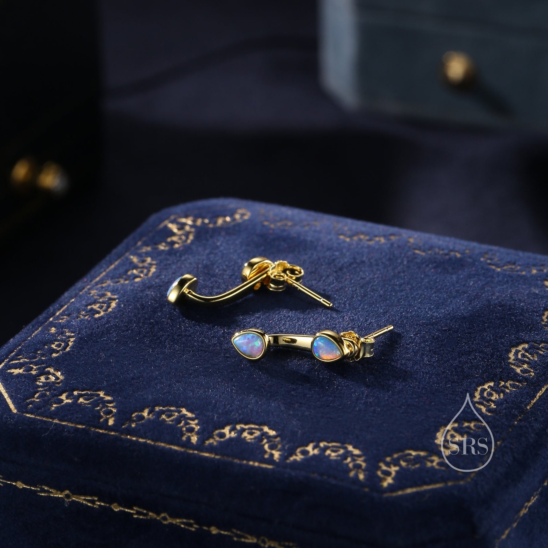 Blue Opal Droplet Ear Jacket in Sterling Silver, Silver or Gold, White Opal Pear Bezel Earrings, Front and Back Earrings