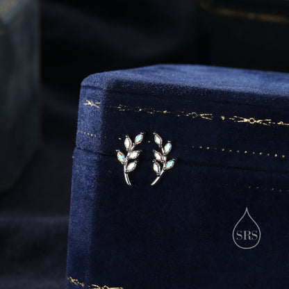 Aurora AB CZ Leaf Stud Earrings in Sterling Silver, Silver or Gold, Colour Changing Olive Branch Earrings, Olive Leaf  Earrings