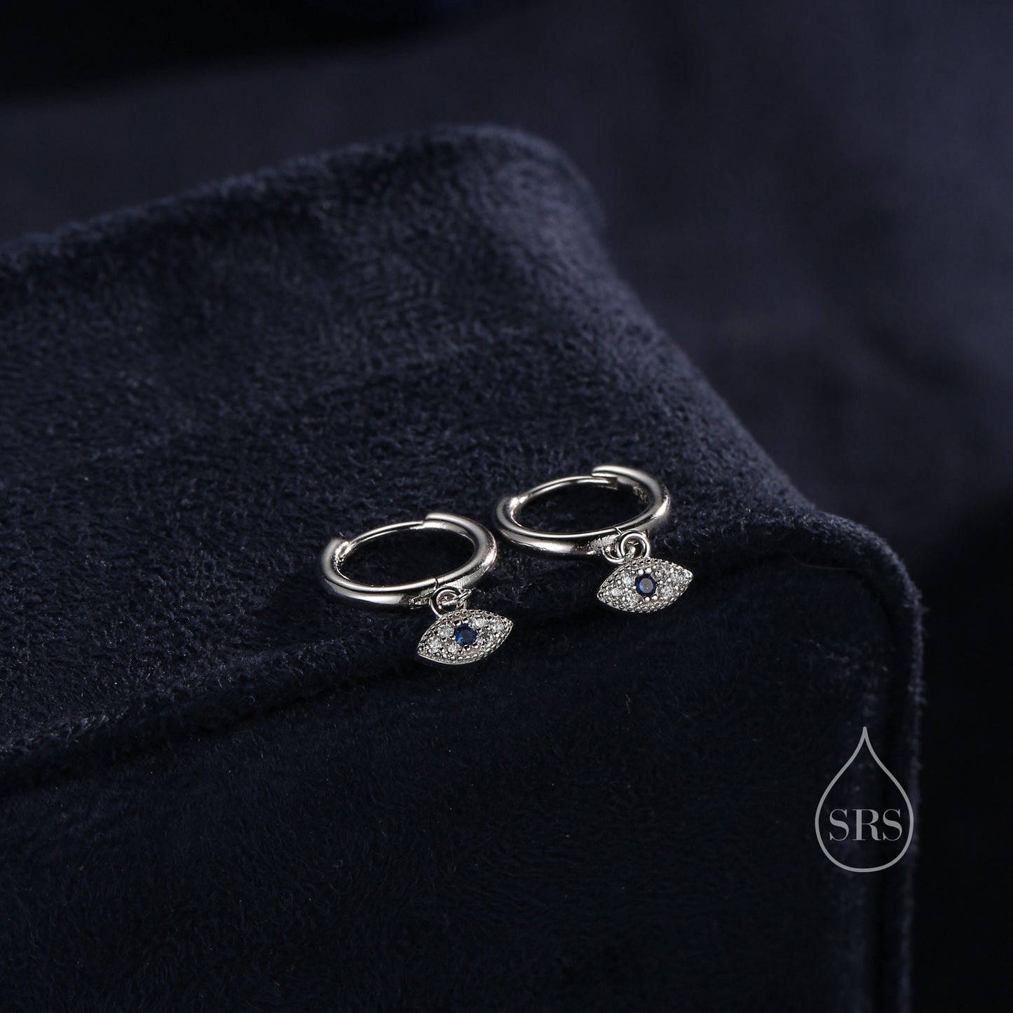 Huggie Hoop Earrings in Sterling Silver with Evil Eye Protection Charm, Hoop Earrings, Dangling, Fatima Hand