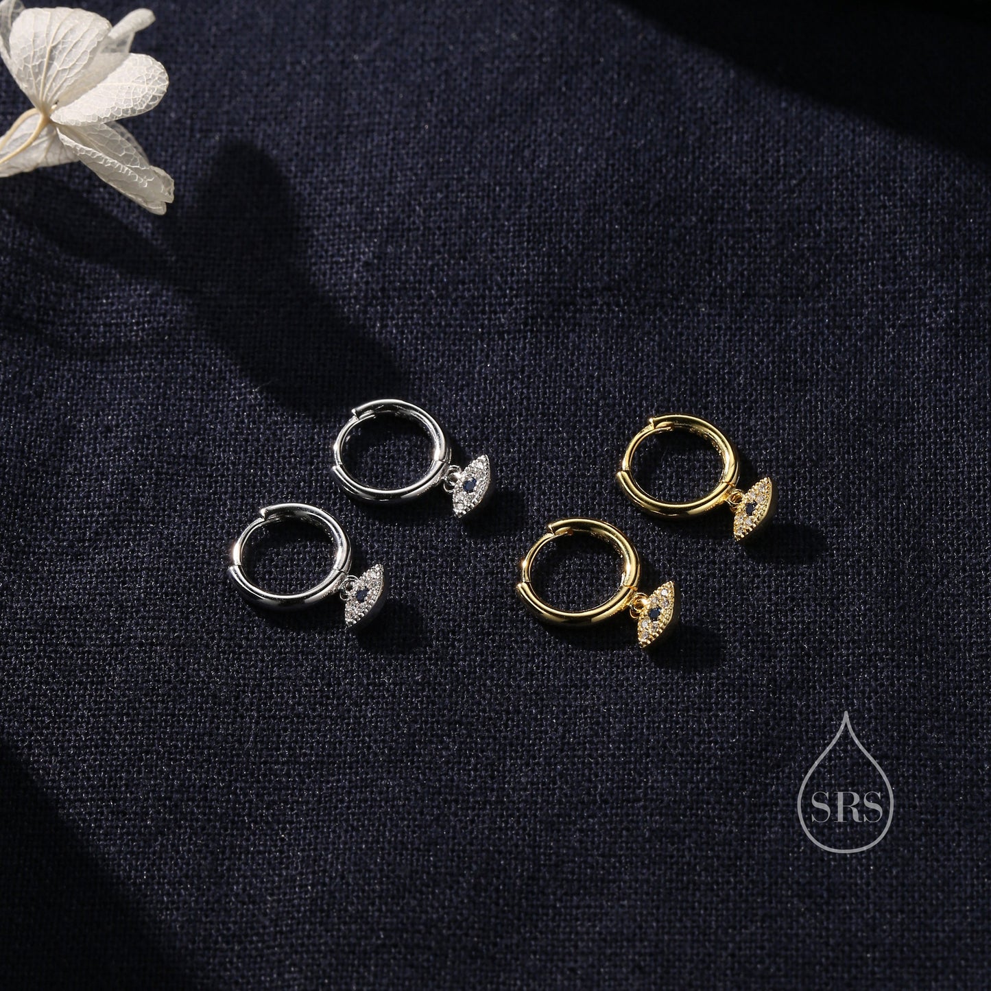 Huggie Hoop Earrings in Sterling Silver with Evil Eye Protection Charm, Hoop Earrings, Dangling, Fatima Hand