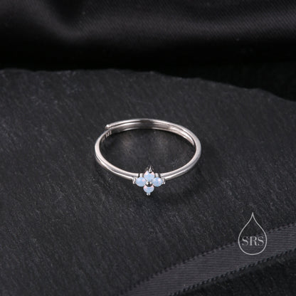 Blue Hydrangea CZ Flower Minimalist Ring in Sterling Silver, Four Crystal Flower Ring, Tiny CZ Ring, Adjustable Size