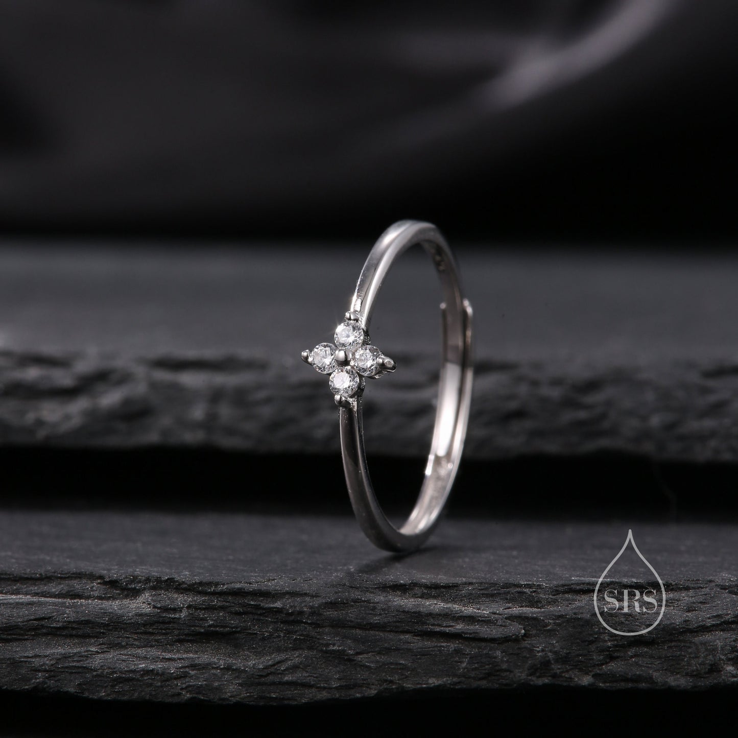 Hydrangea CZ Flower Minimalist Ring in Sterling Silver, Four Crystal Flower Ring, Tiny CZ Ring, US Size 5-8