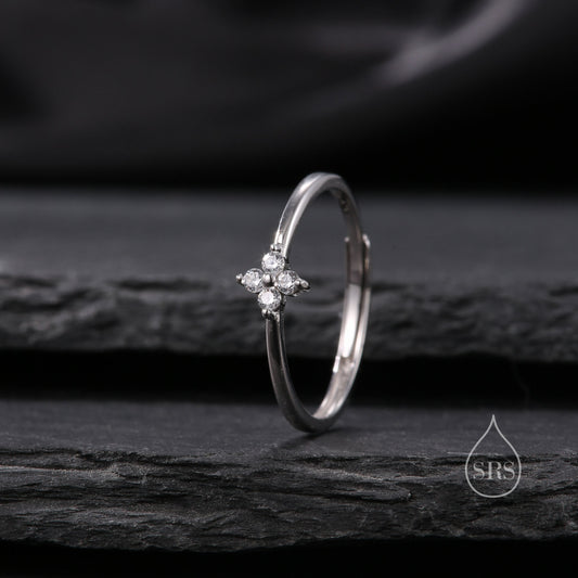 Hydrangea CZ Flower Minimalist Ring in Sterling Silver, Four Crystal Flower Ring, Tiny CZ Ring, Adjustable Size