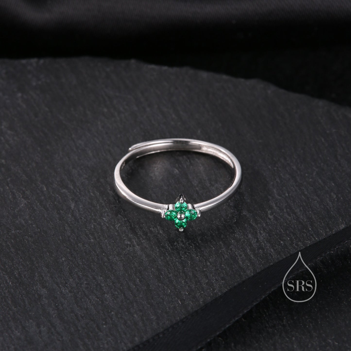 Green Hydrangea CZ Flower Minimalist Ring in Sterling Silver, Four Crystal Flower Ring, Tiny CZ Ring, Adjustable Size