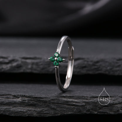 Green Hydrangea CZ Flower Minimalist Ring in Sterling Silver, Four Crystal Flower Ring, Tiny CZ Ring, Adjustable Size