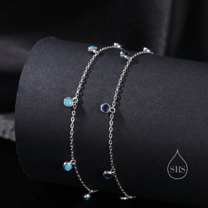 Delicate Turquoise CZ Charm Bracelet in Sterling Silver,  Silver or Gold, Sterling Silver Tiny Blue Turquoise Bracelet