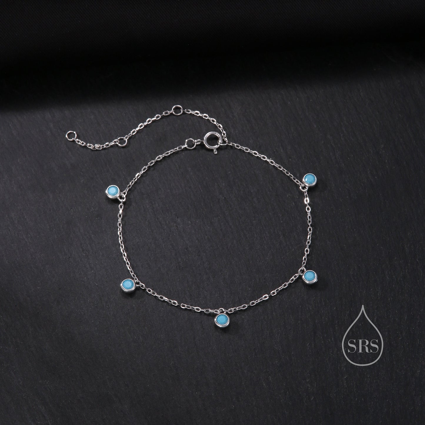 Delicate Turquoise CZ Charm Bracelet in Sterling Silver,  Silver or Gold, Sterling Silver Tiny Blue Turquoise Bracelet