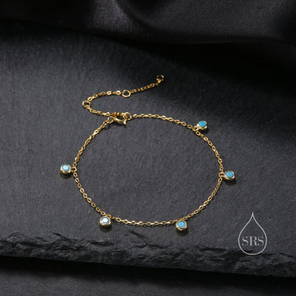 Delicate Turquoise CZ Charm Bracelet in Sterling Silver,  Silver or Gold, Sterling Silver Tiny Blue Turquoise Bracelet