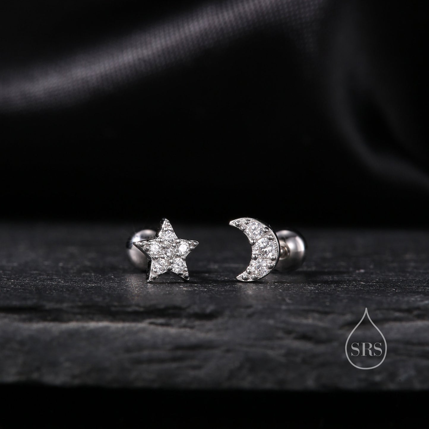 Mismatched Moon and Star CZ Barbell Earrings in Sterling Silver, Screw back CZ Moon and Star Earrings, Celestial Earrings