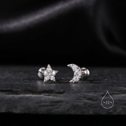 Mismatched Moon and Star CZ Barbell Earrings in Sterling Silver, Screw back CZ Moon and Star Earrings, Celestial Earrings