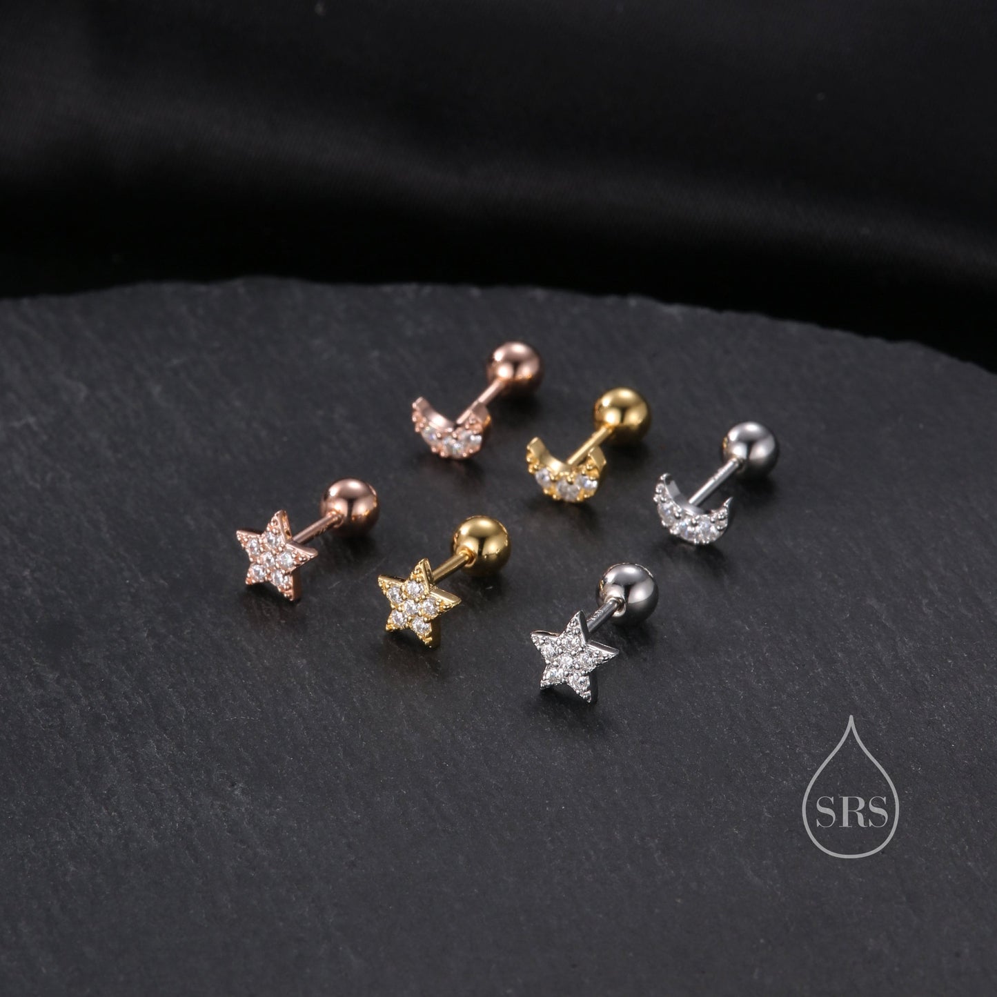 Mismatched Moon and Star CZ Barbell Earrings in Sterling Silver, Screw back CZ Moon and Star Earrings, Celestial Earrings