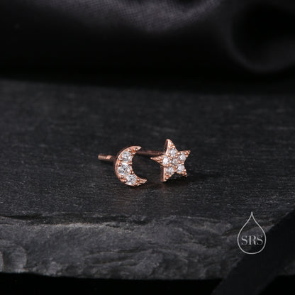 Mismatched Moon and Star CZ Stud Earrings in Sterling Silver, CZ Moon and Star Earrings, Celestial Earrings