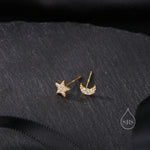 Mismatched Moon and Star CZ Stud Earrings in Sterling Silver, CZ Moon and Star Earrings, Celestial Earrings