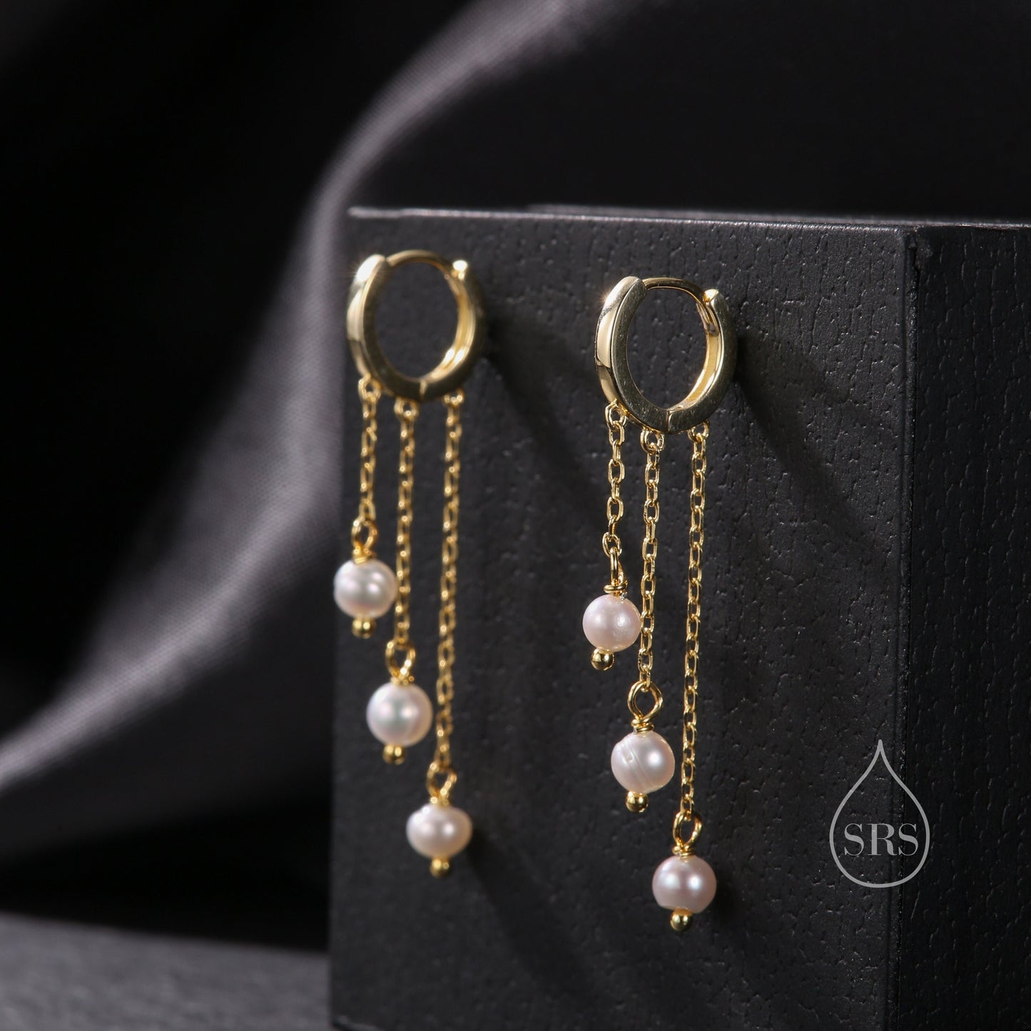 Natural Freshwater Pearl Trio Huggie Hoop Earrings in Sterling Silver, Pearl Cascade Dangle Chain Earrings, Gold and Silver