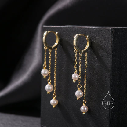 Natural Freshwater Pearl Trio Huggie Hoop Earrings in Sterling Silver, Pearl Cascade Dangle Chain Earrings, Gold and Silver