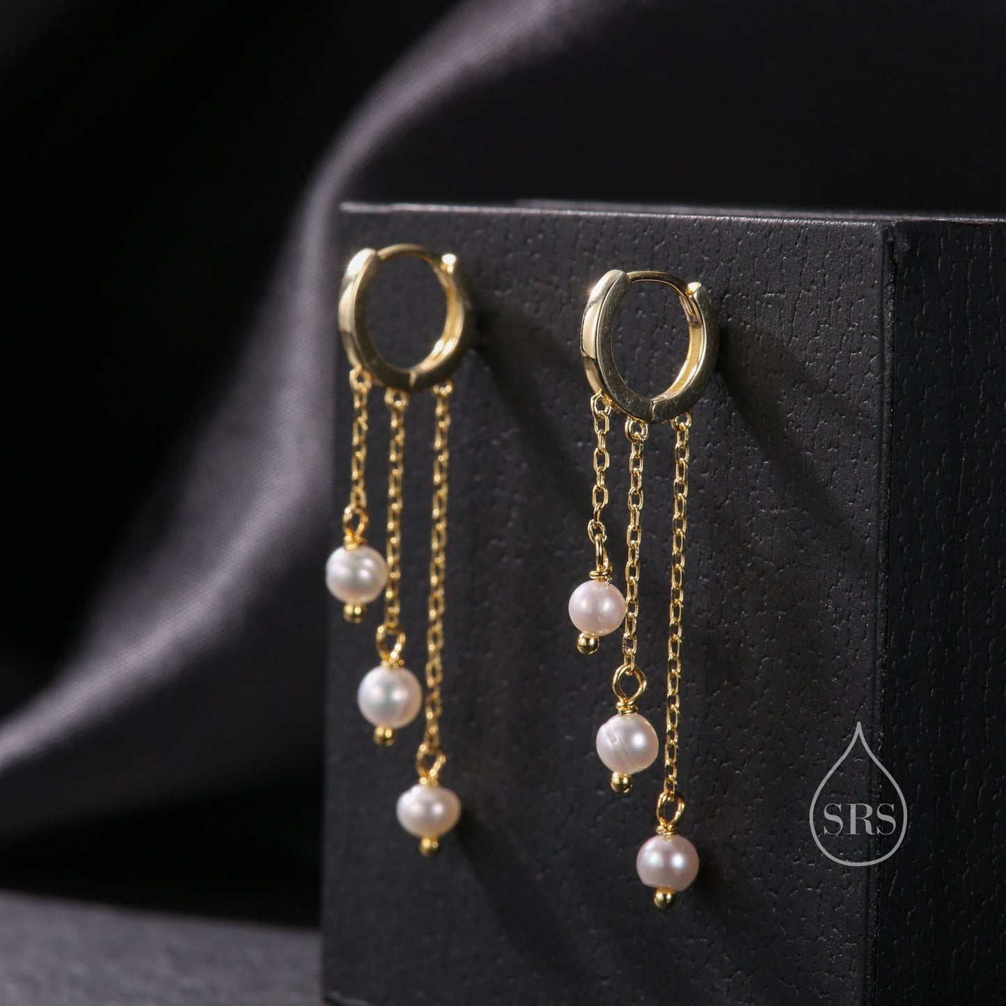 Natural Freshwater Pearl Trio Huggie Hoop Earrings in Sterling Silver,  Pearl Cascade Dangle Chain Earrings, Gold and Silver