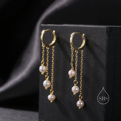 Natural Freshwater Pearl Trio Huggie Hoop Earrings in Sterling Silver,  Pearl Cascade Dangle Chain Earrings, Gold and Silver