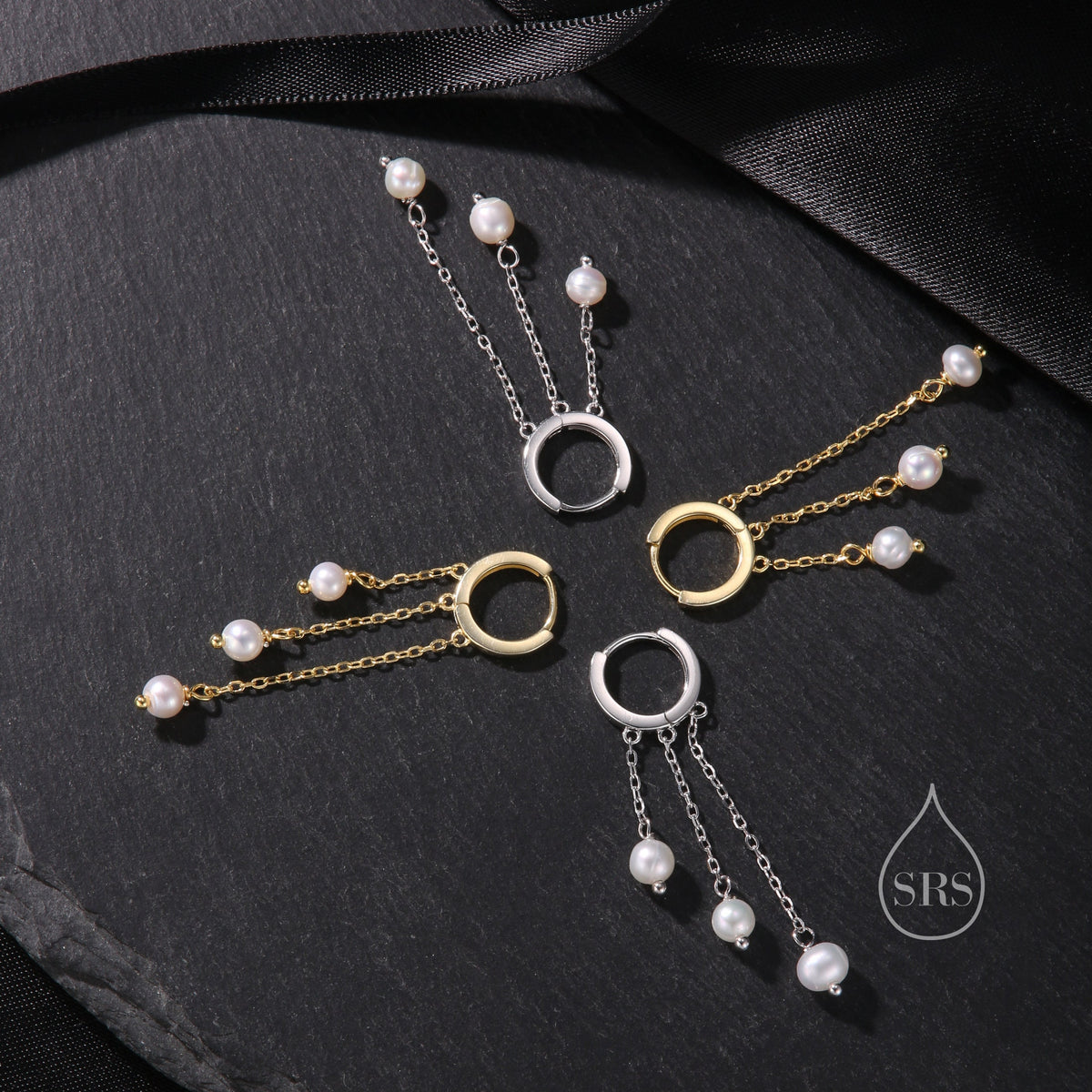 Natural Freshwater Pearl Trio Huggie Hoop Earrings in Sterling Silver, Pearl Cascade Dangle Chain Earrings, Gold and Silver