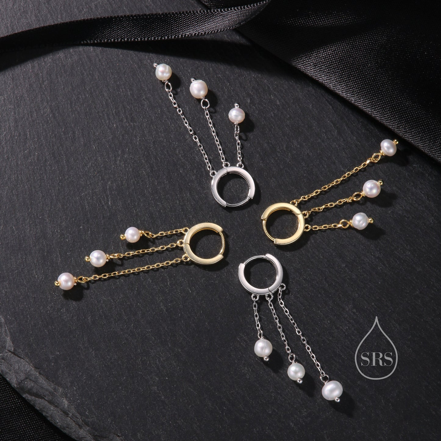 Natural Freshwater Pearl Trio Huggie Hoop Earrings in Sterling Silver, Pearl Cascade Dangle Chain Earrings, Gold and Silver