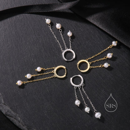 Natural Freshwater Pearl Trio Huggie Hoop Earrings in Sterling Silver, Pearl Cascade Dangle Chain Earrings, Gold and Silver
