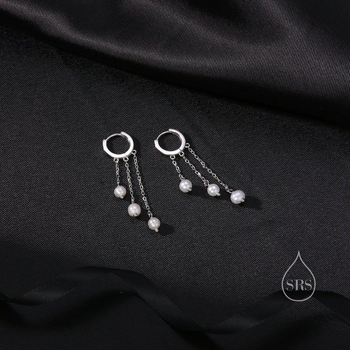 Natural Freshwater Pearl Trio Huggie Hoop Earrings in Sterling Silver, Pearl Cascade Dangle Chain Earrings, Gold and Silver