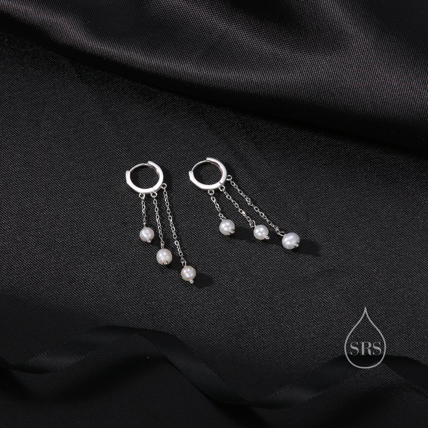 Natural Freshwater Pearl Trio Huggie Hoop Earrings in Sterling Silver, Pearl Cascade Dangle Chain Earrings, Gold and Silver