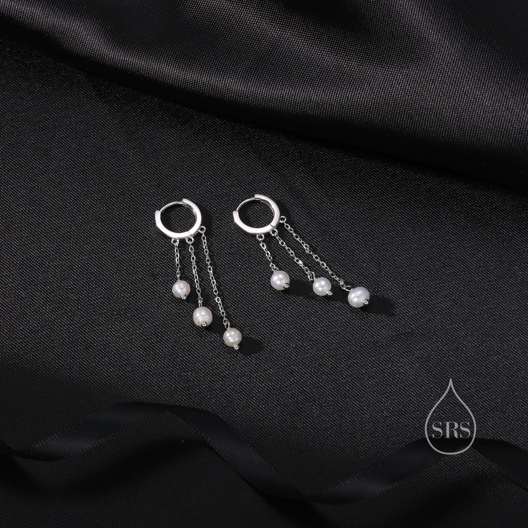 Natural Freshwater Pearl Trio Huggie Hoop Earrings in Sterling Silver, Pearl Cascade Dangle Chain Earrings, Gold and Silver