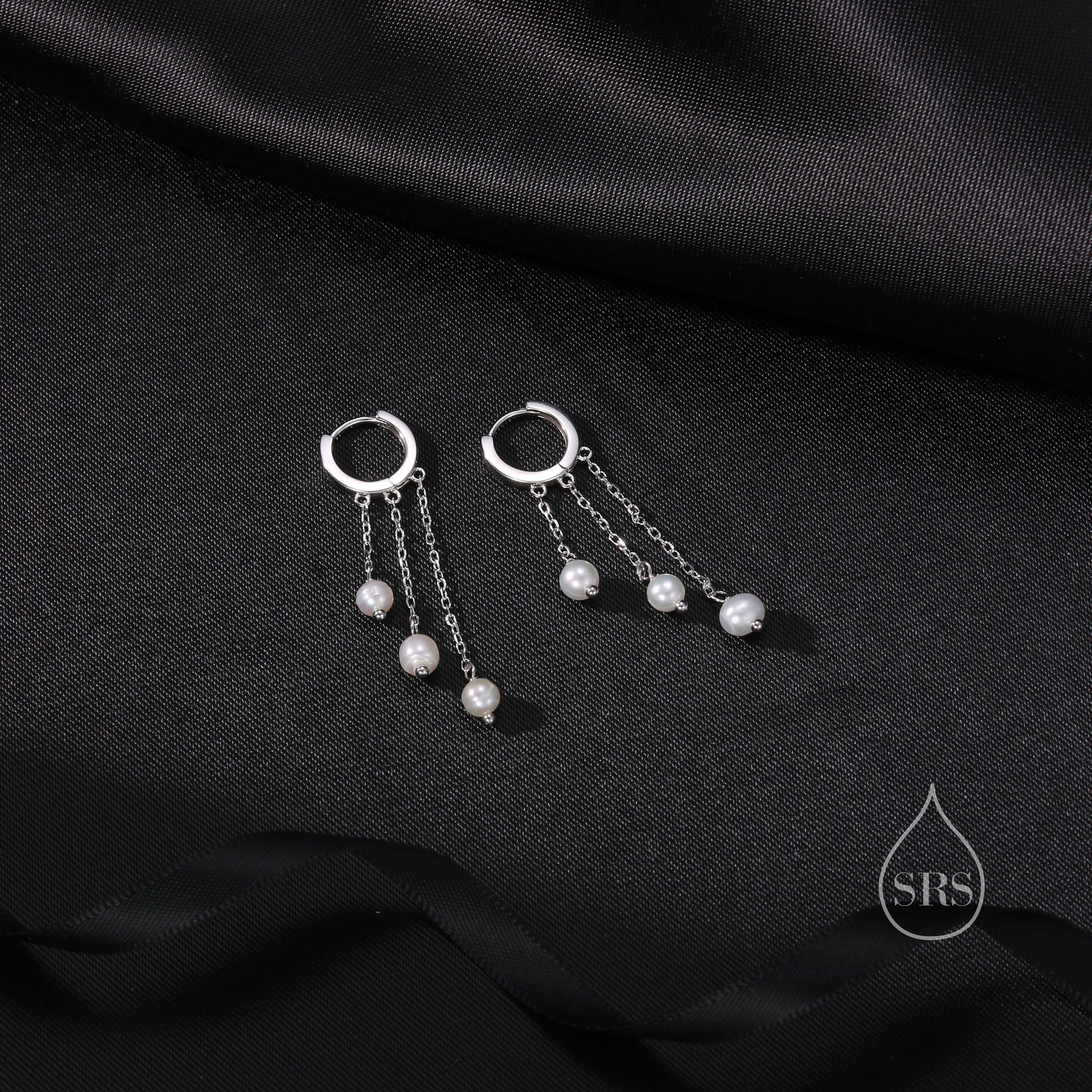 Natural Freshwater Pearl Trio Huggie Hoop Earrings in Sterling Silver, Pearl Cascade Dangle Chain Earrings, Gold and Silver