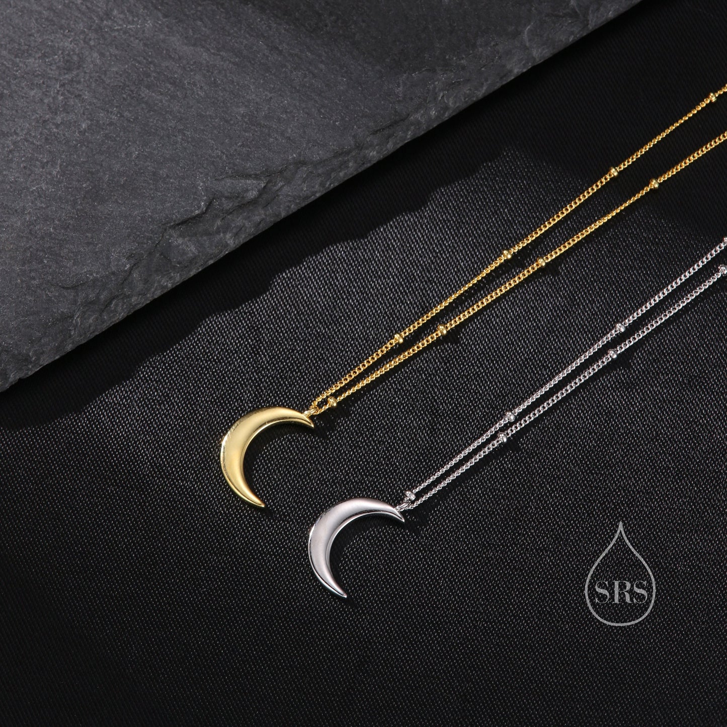 Crescent Moon Pendant Necklace in Sterling Silver with a Satellite Chain - Moon Necklace - Gold or Silver -  Whimsical and Pretty Jewellery