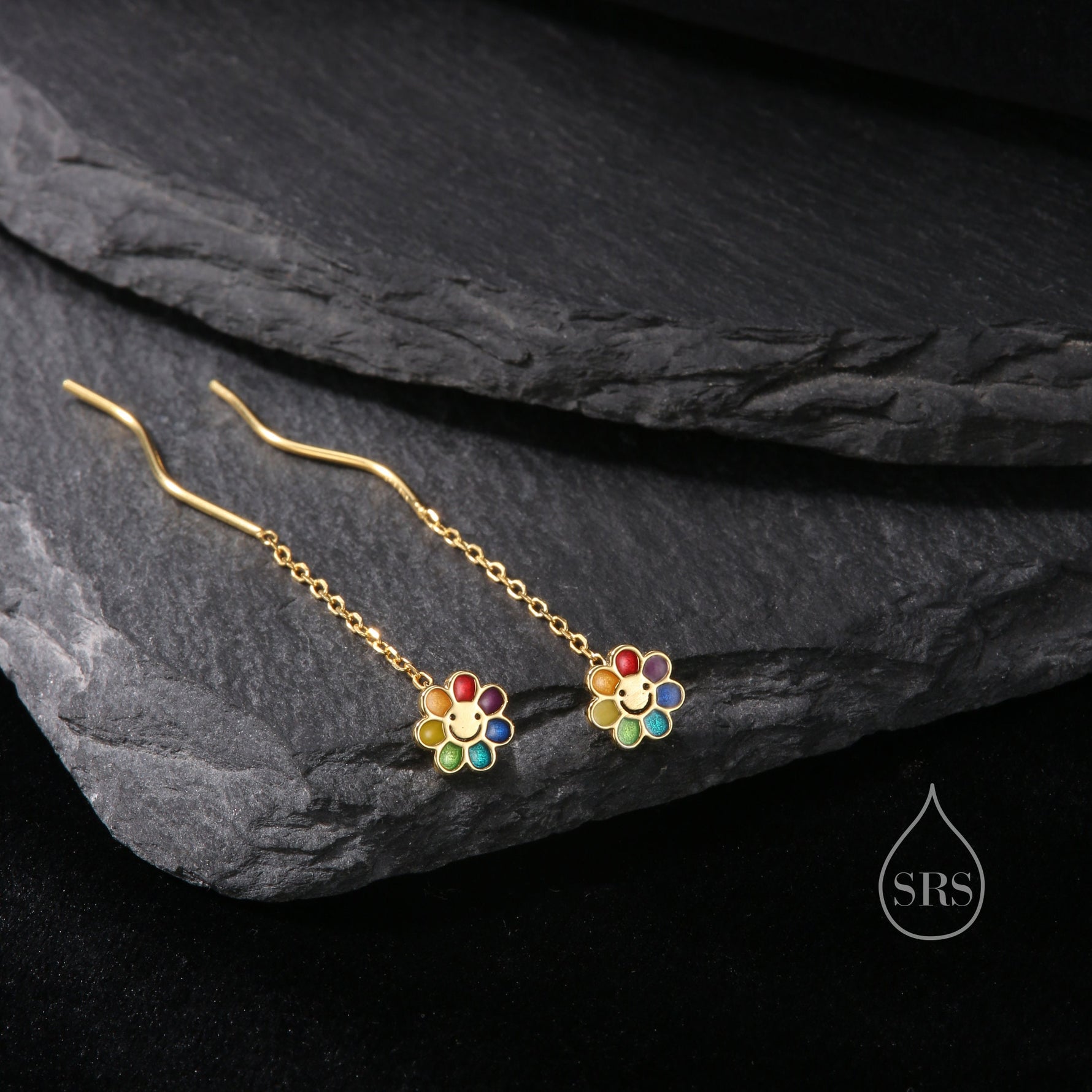 Enamel Smiling Flower Threader Earrings in Sterling Silver, Silver Rainbow Flower Earrings, Multi Colour Flower Spiral Ear Threaders